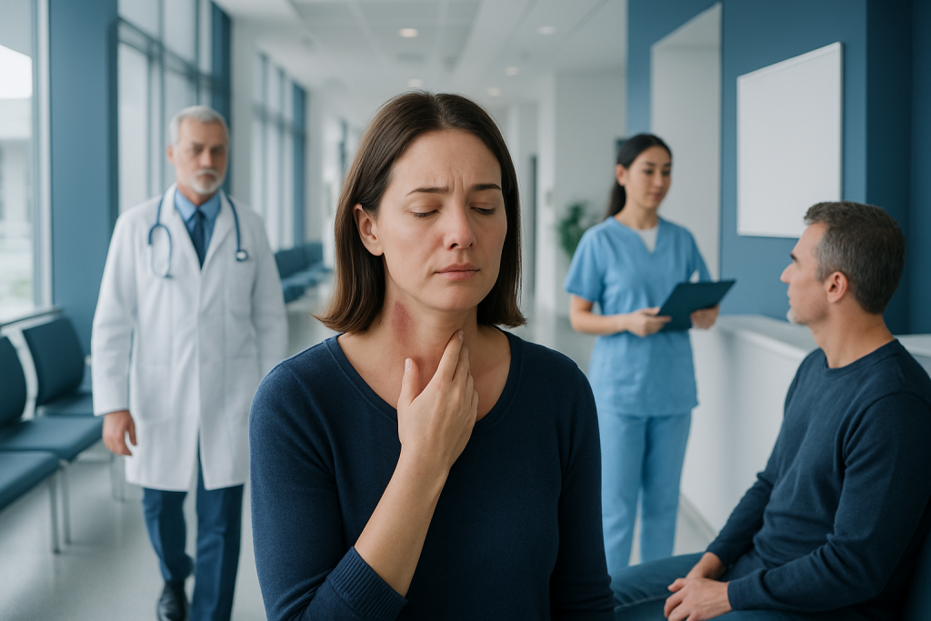 Bruising in the Throat: What Patients Need to Know 1 Woman experiencing throat discomfort in a medical clinic setting.
