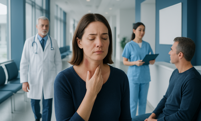 Woman experiencing throat discomfort in a medical clinic setting.