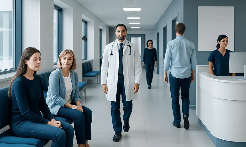 Medical team and patients in a modern hospital corridor.