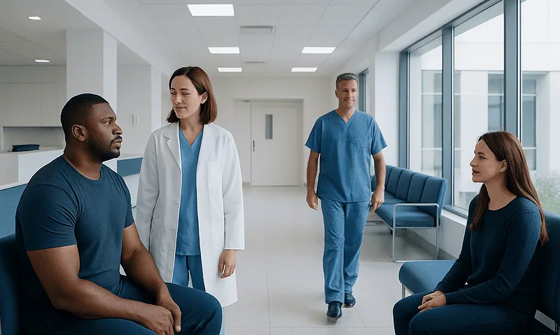 Medical consultation in a modern hospital corridor with healthcare professionals and patients.