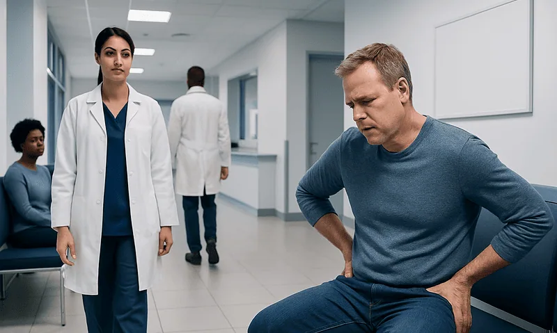 Patient experiencing lower back pain in hospital corridor with medical staff nearby.