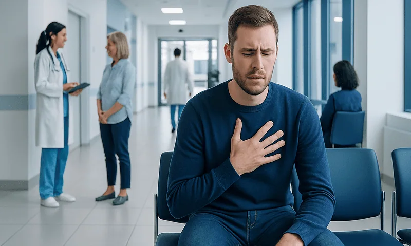 Young man experiencing chest pain in hospital corridor.