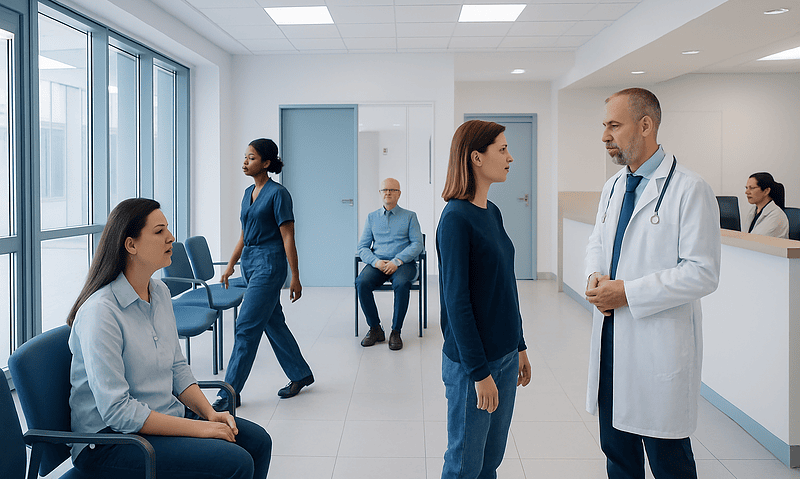 Medical consultation in a hospital waiting area with healthcare professionals and patients.