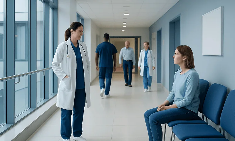 Patient waiting in hospital corridor with medical staff nearby.