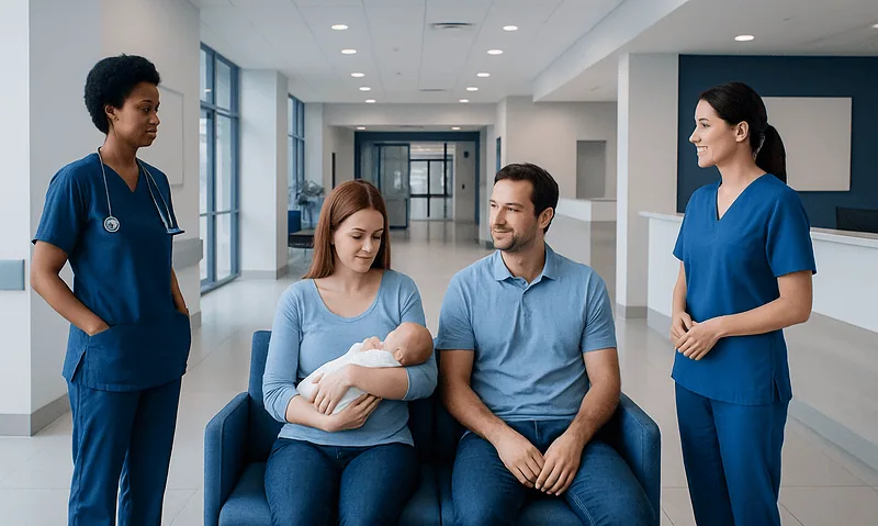 New mother with her family in hospital, surrounded by medical staff.