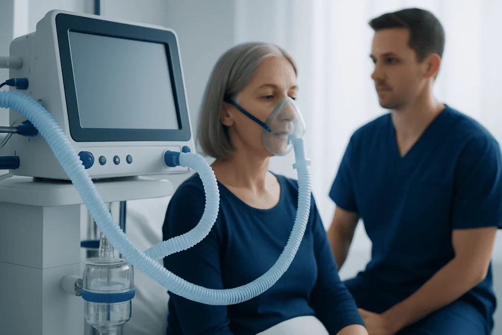 Patient receiving oxygen therapy in a hospital setting.