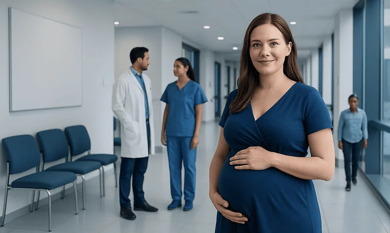 Pregnant woman in hospital corridor with medical staff in background.