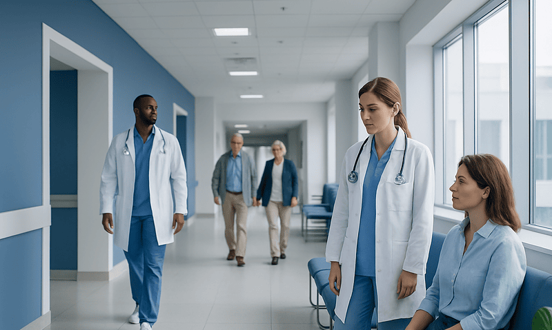 Healthcare professionals and patients in a modern hospital corridor.