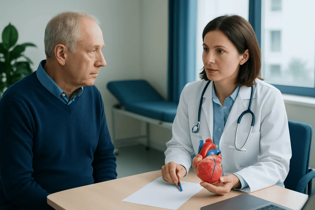 Doctor explaining heart health to an elderly patient in a clinic setting.
