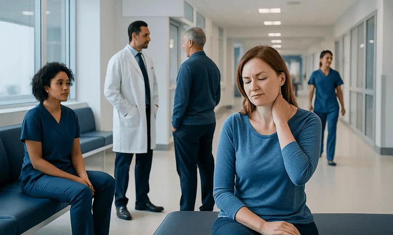 Patient experiencing neck pain in a hospital corridor with medical staff nearby.