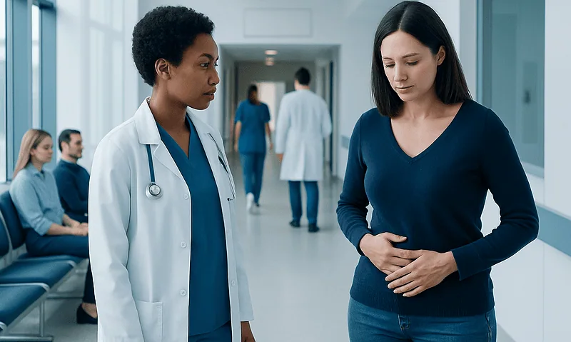 Doctor consulting a patient with abdominal pain in hospital corridor.