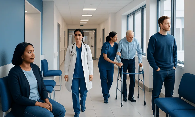 Healthcare professionals and patient in hospital corridor at Acibadem Hospitals Group.