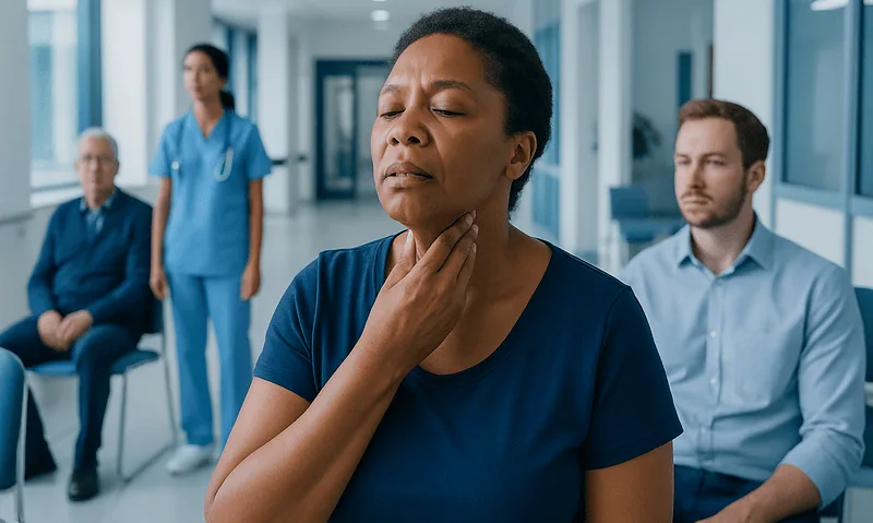 Patient experiencing neck pain in a hospital setting with medical staff nearby.