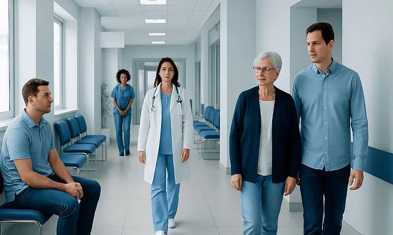 Patients and medical staff in a hospital corridor at Acibadem Hospitals Group.