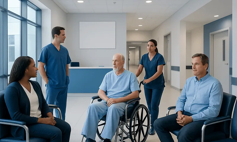 Medical team consulting with elderly patient in hospital corridor.