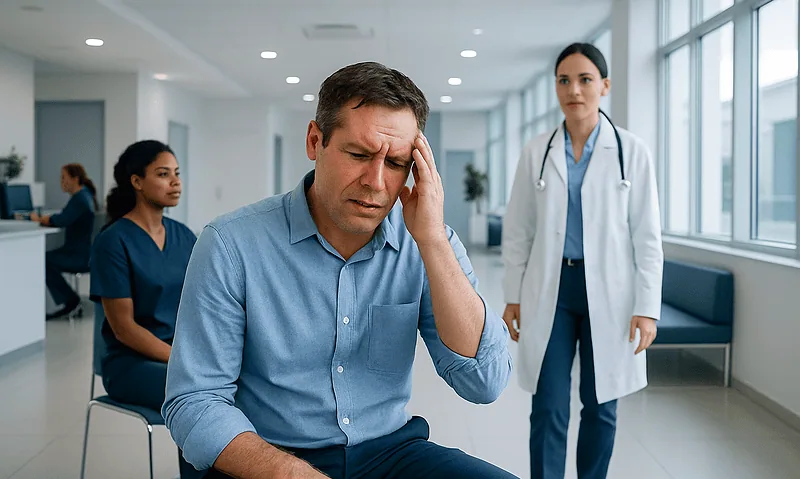 Man experiencing dizziness in a medical clinic with healthcare professionals nearby.