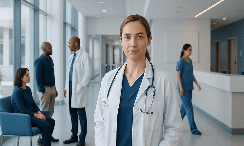 Female doctor in hospital corridor with patients and staff in background.