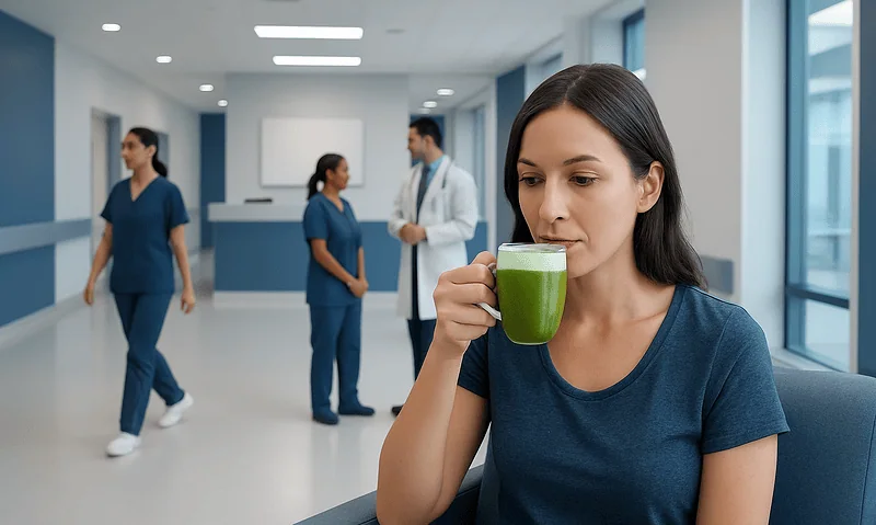 Drinking Matcha for Weight Loss: A Complete Medical Overview 9 Woman drinking green matcha tea in hospital corridor with medical staff.