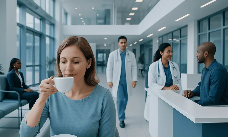 Woman enjoying saffron tea in a hospital waiting area.