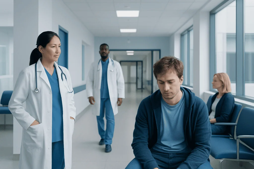 Drug Induced Schizophrenia — Explained by Medical Evidence, Not Myths 1 Young man in hospital corridor with medical staff and visitors.