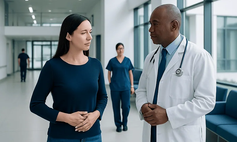 Doctor consulting female patient in hospital corridor.