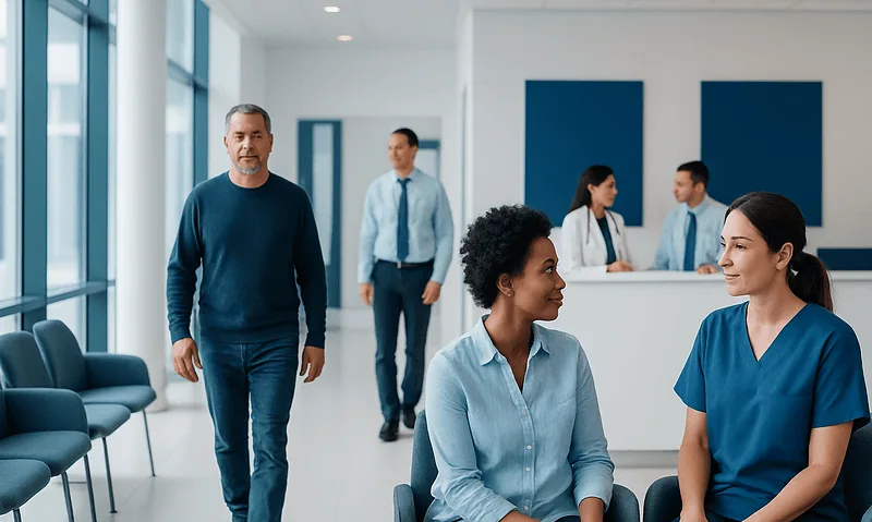 Healthcare professionals and patients in a modern hospital waiting area.
