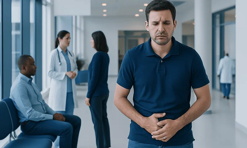 Man experiencing abdominal pain in a hospital corridor.