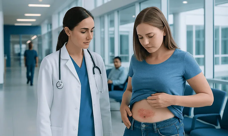 Young woman with abdominal eczema consulting a doctor in hospital.