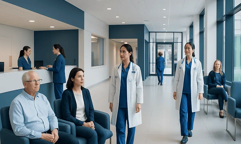 Hospital corridor with medical staff and patients at Acibadem Hospitals Group.
