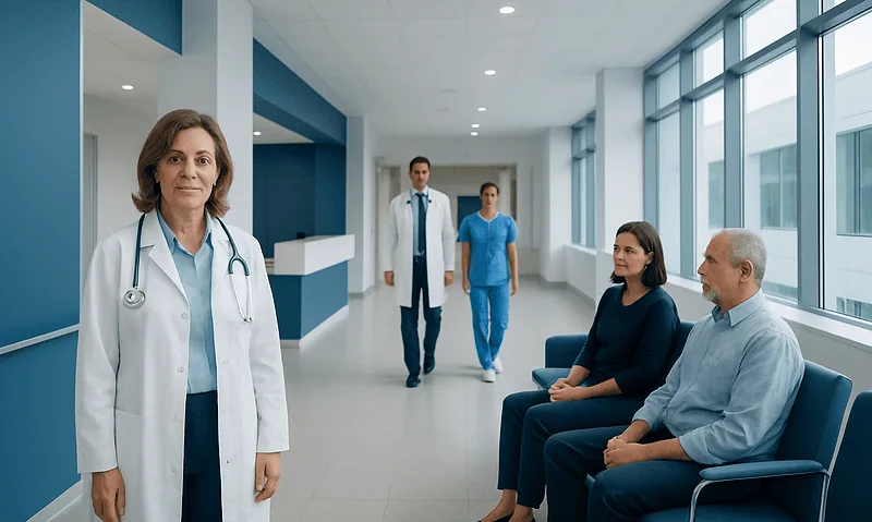 Medical team in hospital corridor with patients waiting.