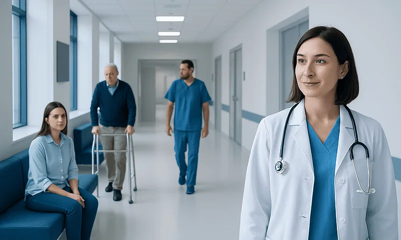 Healthcare professionals and patient in hospital corridor at Acibadem Hospitals Group.