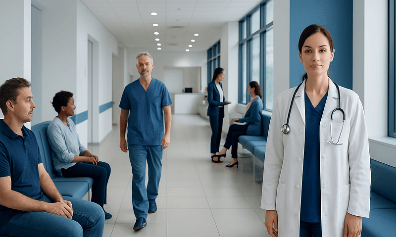 Medical team in hospital corridor with patients and healthcare professionals.