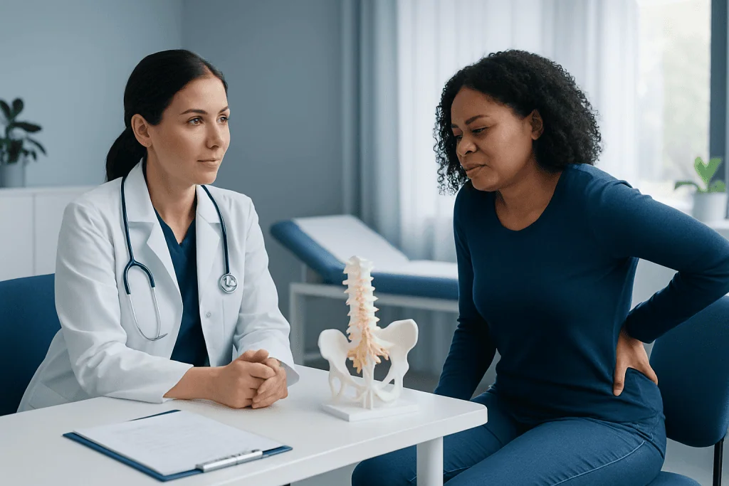 Doctor consulting patient with spine model in clinic setting.