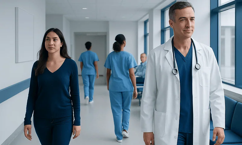 Medical professionals walking in a hospital corridor at Acibadem Hospitals Group.