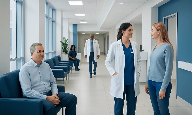Healthcare professionals and patients in a modern hospital corridor.