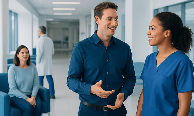 Healthcare professionals engaging in a friendly conversation in a hospital corridor.