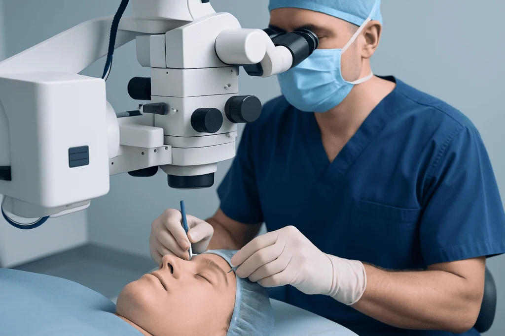 Surgeon performing eye surgery with advanced microscope equipment.