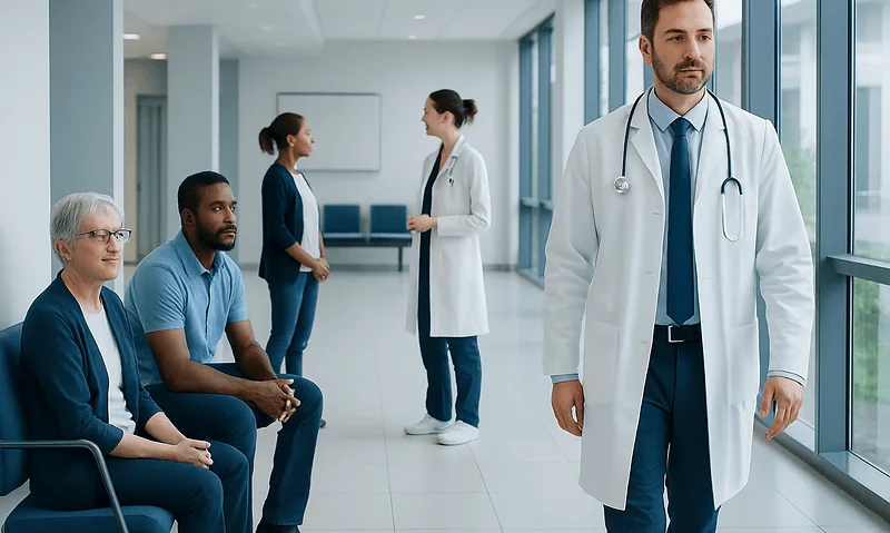 Medical consultation at Acibadem Hospital with doctor and patients.