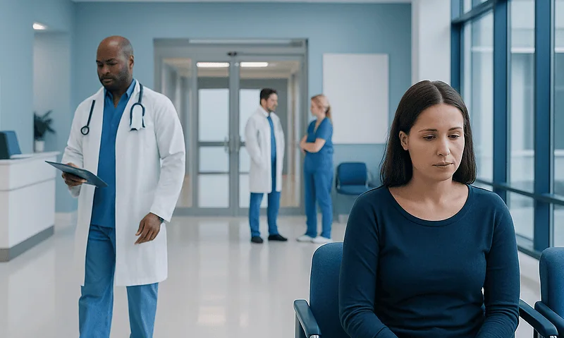 Patient waiting in hospital corridor with medical staff in background.