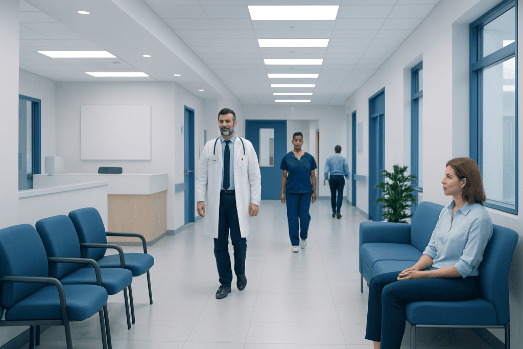 What Is Fev1? A Doctor-Reviewed Answer 1 Medical professionals and patient in a modern hospital corridor.