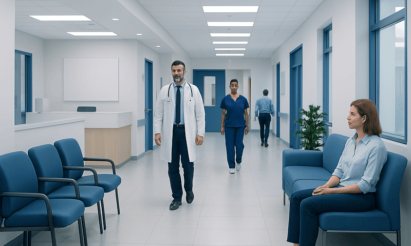 Medical professionals and patient in a modern hospital corridor.