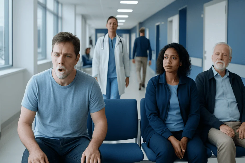 Foaming at the Mouth: What Patients Need to Know 1 Patient experiencing symptoms in hospital waiting area with medical staff nearby.