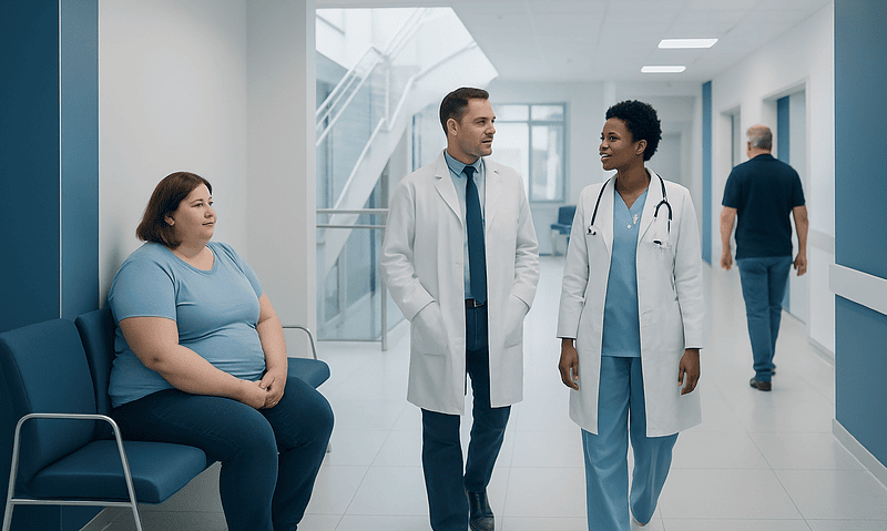 Medical professionals and patient in hospital corridor at Acibadem Hospitals Group.