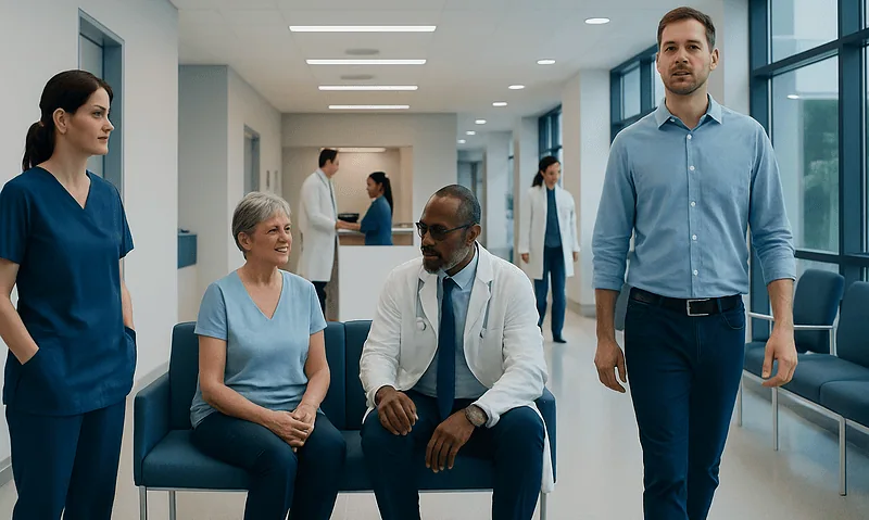 Medical team and patient in a hospital corridor at Acibadem Hospitals Group.