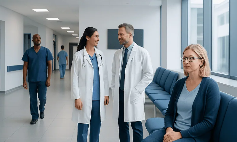 Medical team discussing patient care in hospital corridor.