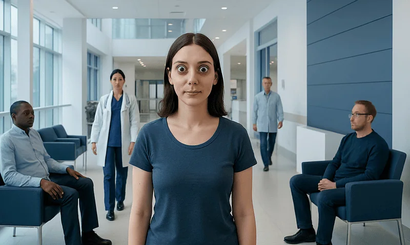Woman with wide eyes in a medical waiting area at Acibadem Hospitals Group.
