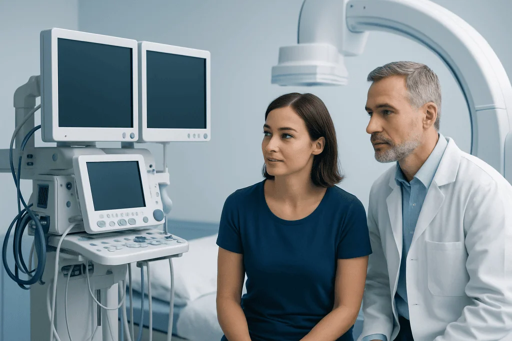 Medical professionals using advanced imaging equipment in a hospital setting.