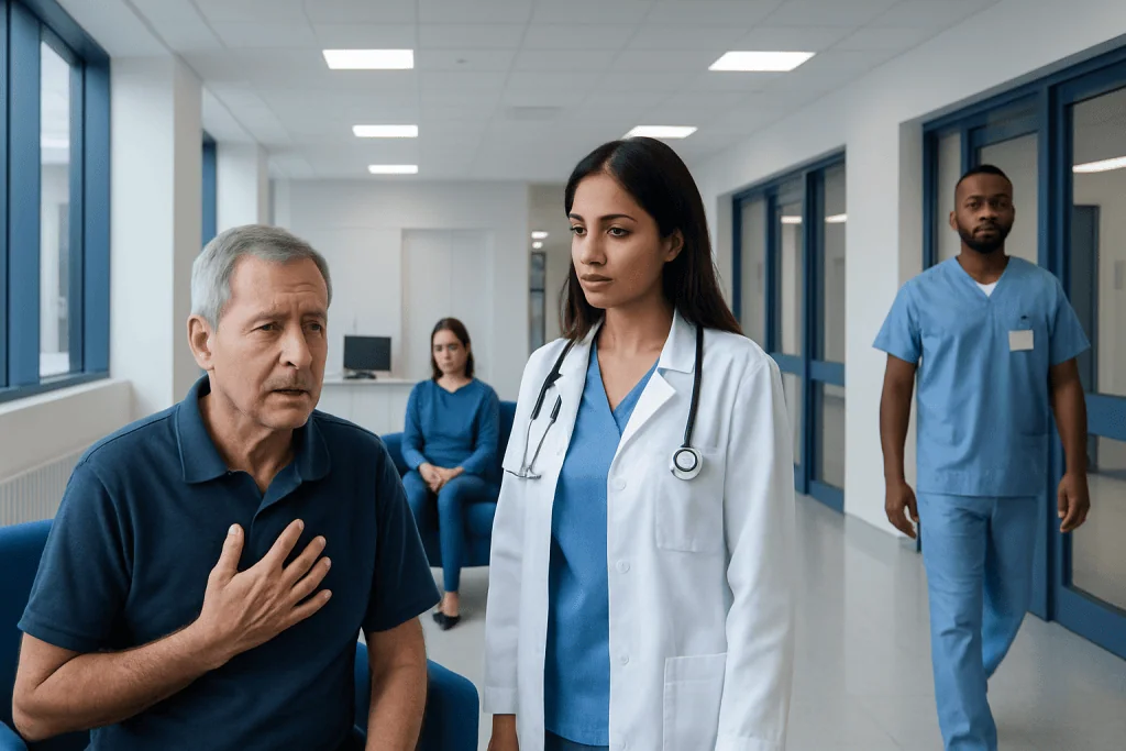 Gurgling in Chest — Explained by Medical Evidence, Not Myths 1 Doctor consulting a patient in a hospital corridor with medical staff nearby.