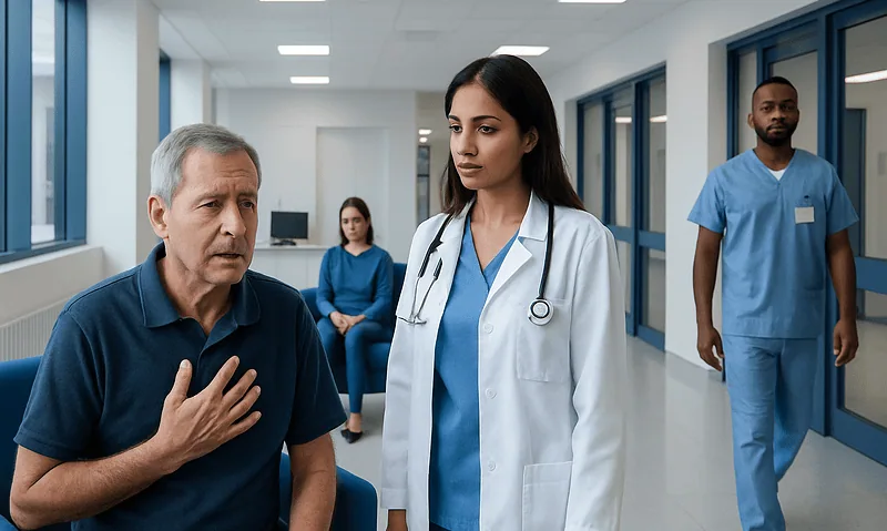 Doctor consulting a patient in a hospital corridor with medical staff nearby.