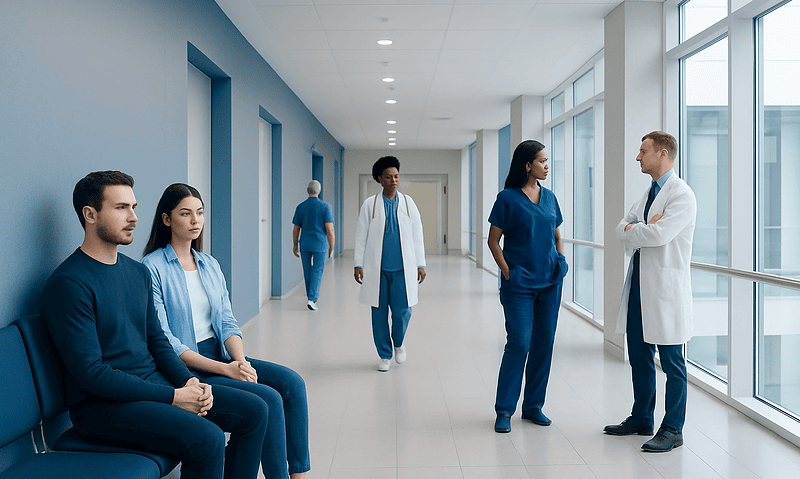 Healthcare professionals and patients in a hospital corridor.